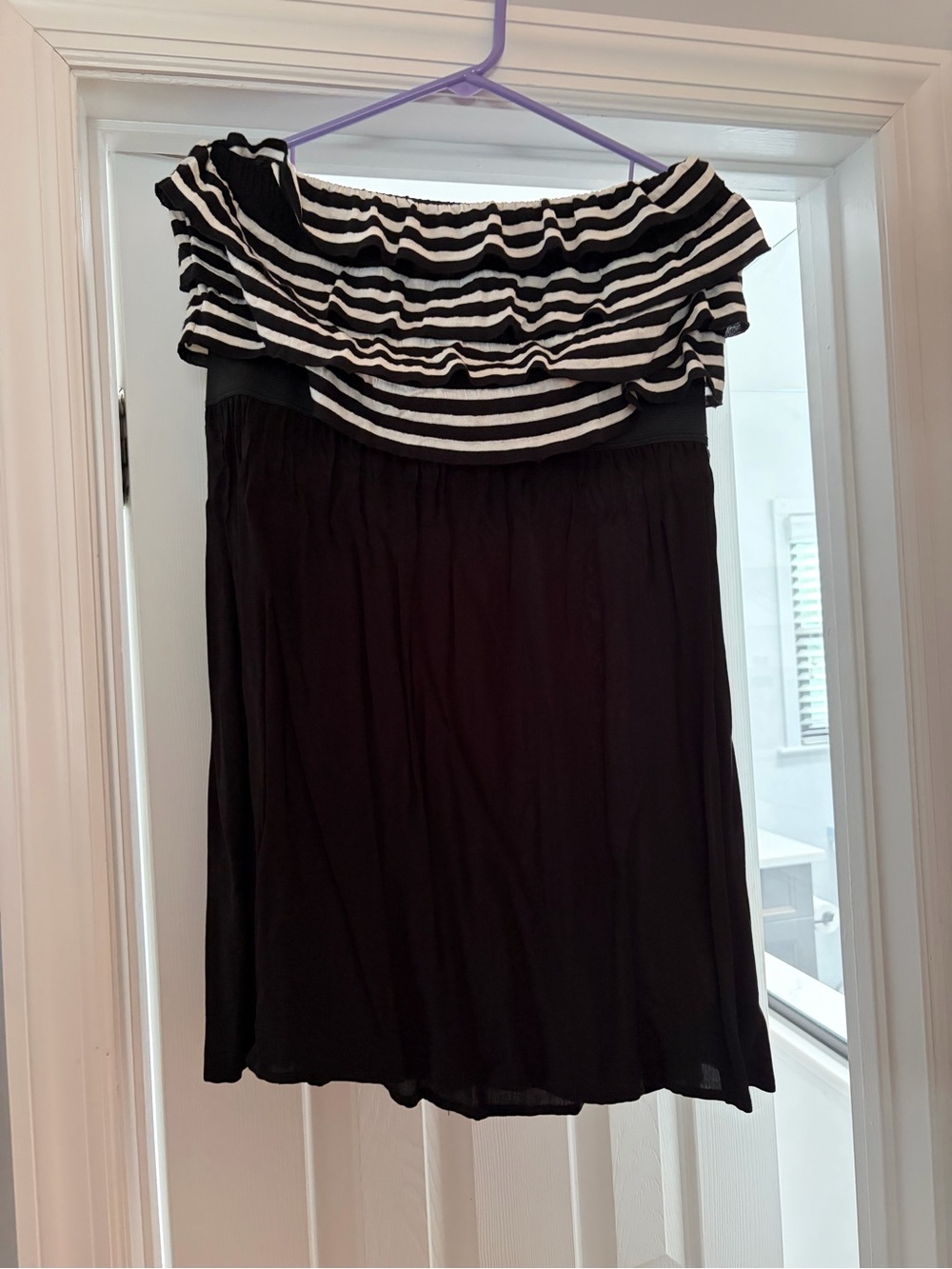 Xhilaration Black Strapless Mini Skirt with Black & White Striped Ruffle Y2K